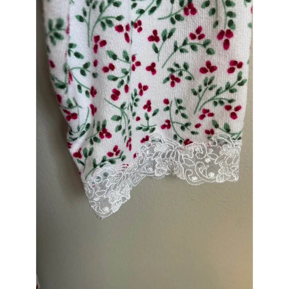 Eileen West Floral Berry Lace Trim‎ Long Sleeve Nightgown White Red Medium